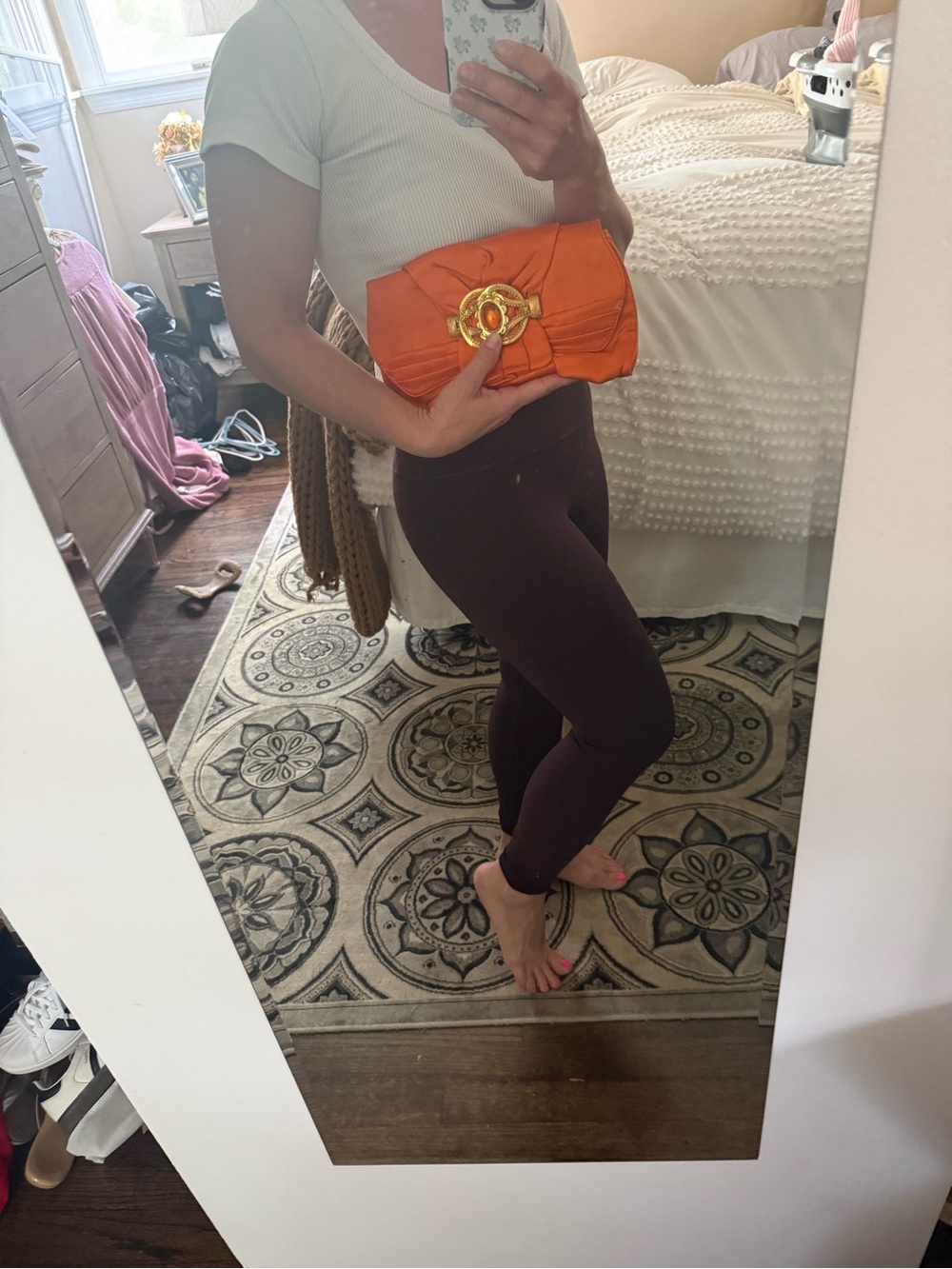 Escada Orange Satin Clutch with Gold-Tone Medallion - Picture 2 of 4